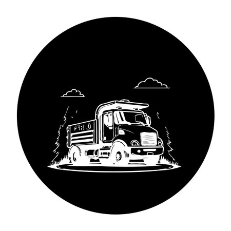 A black and white illustration showcases a heavy-duty dump truck amidst trees, set within a circular frame, ideal for automotive or construction themes.のイラスト素材