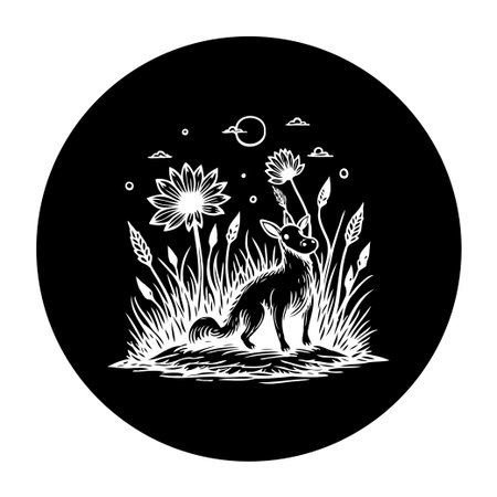 Enchanting fantasy illustration featuring a whimsical creature in a field of night flowers beneath the moonlight. The scene evokes a sense of calm and magic.のイラスト素材