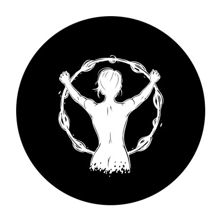 A silhouette illustration of a woman holding a wreath on a black background, symbolizing strength and empowerment through its powerful and minimalist design.のイラスト素材