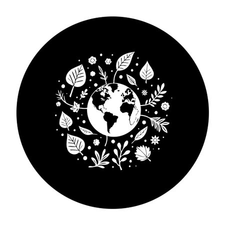 This black and white illustration represents earth surrounded by leaves and plants. It symbolizes ecology and environmental awareness. The graphic design promotes global harmony and conservation efforts.のイラスト素材