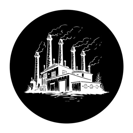 A stark silhouette of an industrial factory, set against a black background, emphasizes the issue of pollution and its impact on the environment. The image highlights the urban landscape dominated by tall chimneys expelling smoke.のイラスト素材