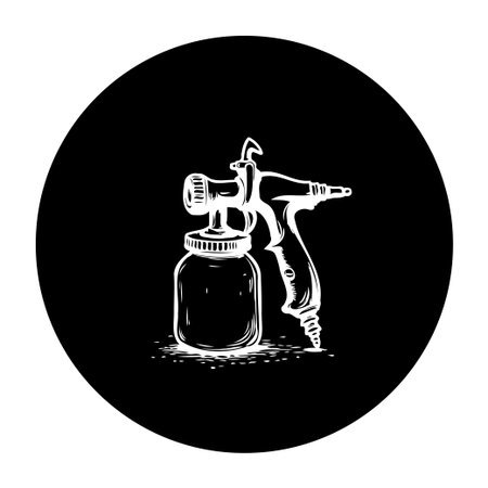 This image showcases an illustration of a spray gun for painting against a black background. The design evokes a retro artistic and industrial feel.のイラスト素材