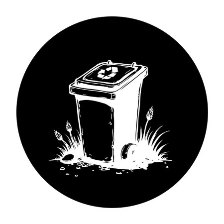 Monochrome illustration of a recycling bin with weeds, representing sustainable waste management and environmental conservation, promoting eco-friendly practices and ecological awareness.のイラスト素材