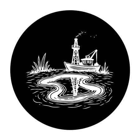 A serene black and white illustration featuring a towing vessel and tower reflected in calm water, evoking tranquility and peacefulness.のイラスト素材