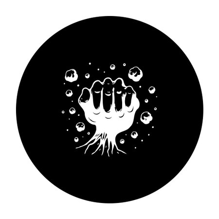 Striking monochrome illustration of a fist emerging from roots, representing strength and resilience. Ideal for themes related to determination, overcoming obstacles, and conceptual power.のイラスト素材