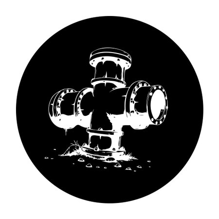 A detailed black and white illustration of a complex pipeline junction, showcasing its intricate industrial design and emphasizing connectivity and functionality.のイラスト素材