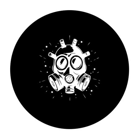 Stylized illustration of a gas mask on a black background, symbolizing protection, danger, caution, and health hazards. Ideal for safety and emergency related content.のイラスト素材