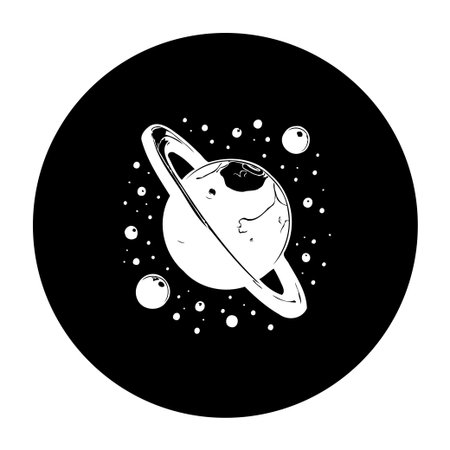 A minimalist illustration of Saturn surrounded by stars, set against a black background. Ideal for astronomical designs, posters, or as a unique graphic element.のイラスト素材