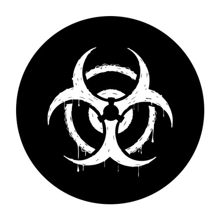 A distressed biohazard symbol inside a dark circle, designed to convey danger. It serves as a warning of biological hazards, infectious substances, and environmental risks.のイラスト素材