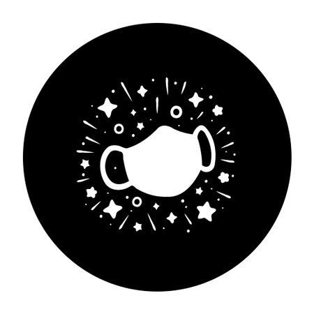 Protective mask icon on a black background surrounded by stars and sparkles illustration symbol design to show health care and virus prevention.のイラスト素材