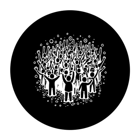 A minimalist illustration depicts a crowd of people cheering and raising their arms, representing unity, celebration, and collective excitement.のイラスト素材