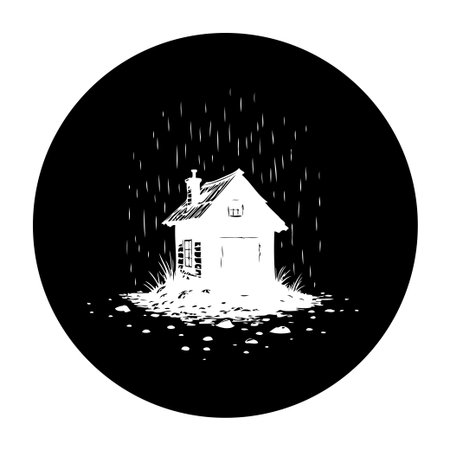 A minimalist illustration depicting a lone house in the rain, symbolizing solitude. The stark contrast and isolated setting evoke feelings of being alone and the need for shelter.のイラスト素材