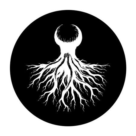 An abstract artwork of an organic root system against a black background, symbolizing interconnectedness, growth, and the intricate nature of life and environment.のイラスト素材