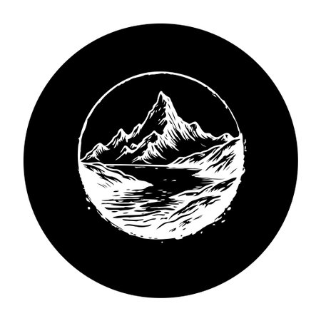 A striking monochrome illustration showcases a mountain landscape within a circular frame, evoking a sense of serene exploration. The minimalist design emphasizes nature's majestic beauty.のイラスト素材