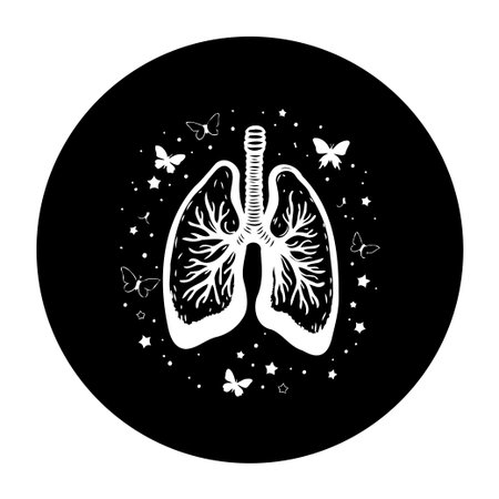 Detailed illustration of human lungs surrounded by butterflies and stars on a black background, showcasing an anatomical drawing concept for health and medical themes.のイラスト素材