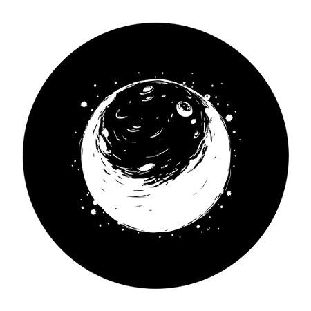 A vector illustration showcases the lunar cycle with abstract celestial elements in grayscale palette. The design evokes cosmic mystery and a sense of astronomical exploration.のイラスト素材