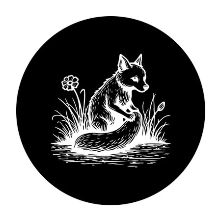 An elegant monochrome illustration featuring a fox amidst tall grass and serene water. It is a beautiful depiction of nature and wildlife.のイラスト素材