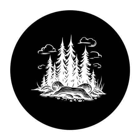 This illustration showcases a serene forest scene with tall trees, clouds, and a tranquil landscape. The monochrome vector graphic captures a peaceful outdoor environment.のイラスト素材