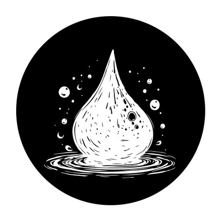 A striking black and white illustration featuring a water droplet creating ripples, symbolizing purity and freshness. Ideal for environmental, hydration or minimalistic design projects.のイラスト素材