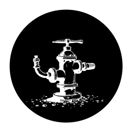 A white line drawing of a water valve is set against a black circular background. The drawing style...