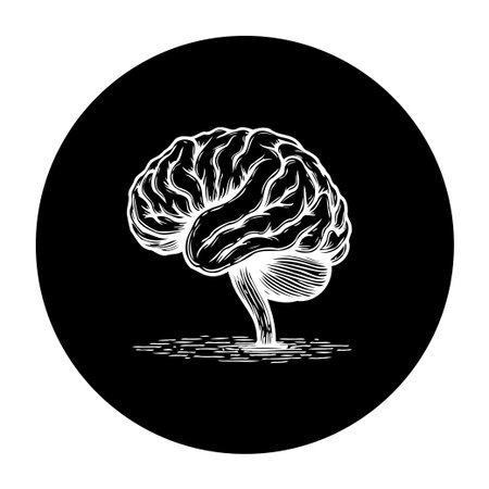 A detailed engraving illustration of a human brain on a black background, symbolizing knowledge, intelligence, and the power of thinking. Ideal for medical, scientific, and educational content.のイラスト素材