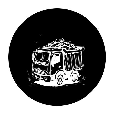 A vector illustration of a dump truck displayed against a black background creating a simple, monochrome graphic design perfect for illustrating transportation or construction themes.のイラスト素材