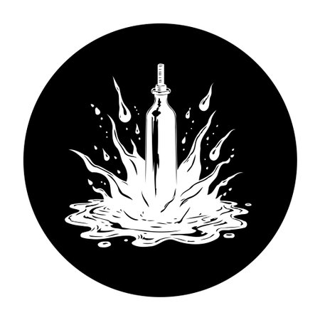 A bottle emerges from the water with a powerful splash, rendered in a graphic black and white illustration style creating a dynamic and mysterious visual impact.のイラスト素材