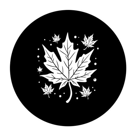 A minimalist black and white image featuring maple leaves arranged within a circular frame. The design evokes elegance and autumnal themes, perfect for graphic design.のイラスト素材