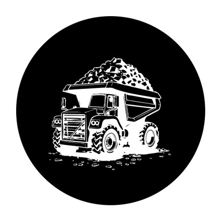 Monochrome illustration of a heavy-duty dump truck hauling construction materials. Suitable for illustrating concepts related to infrastructure, industry, and transportation.のイラスト素材
