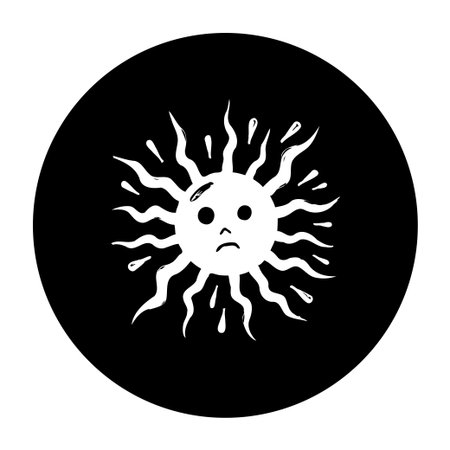 A minimalist illustration showcases a sad sun with a mournful face, set against a stark black circular background, creating a poignant and expressive visualのイラスト素材