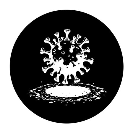 A vector illustration of a coronavirus pathogen with a droplet splash. It is symbolizing the impact of the pandemic and the global health crisis.のイラスト素材