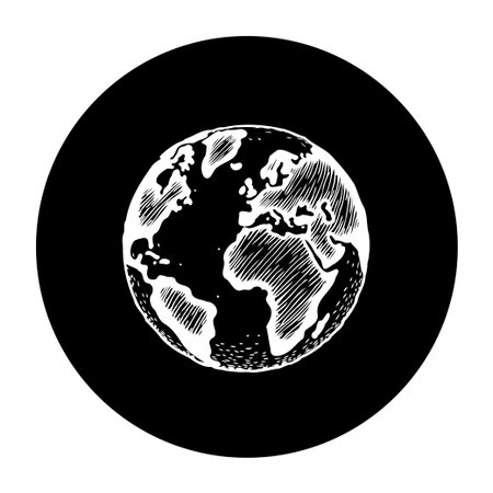 A vector illustration of the Earth globe is hand drawn in a monochrome style, featuring continents and perfect for Earth Day designs, travel-related promotions, and geographic visualizations.のイラスト素材