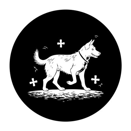 Illustration of a white dog walking, set against a contrasting black background. The dog, a domestic animal, is depicted with simple lines, surrounded by a black circle with cross symbols, creating a visually engaging and modern design.のイラスト素材
