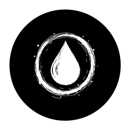 A minimalist water drop icon is encircled by an artistic brush stroke, creating a clean and modern graphic element with a black and white design.のイラスト素材