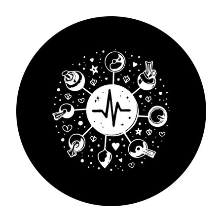 A conceptual illustration showcasing diverse objects linked to a central pulse line, symbolizing connection, inclusivity, and unity within a community.のイラスト素材