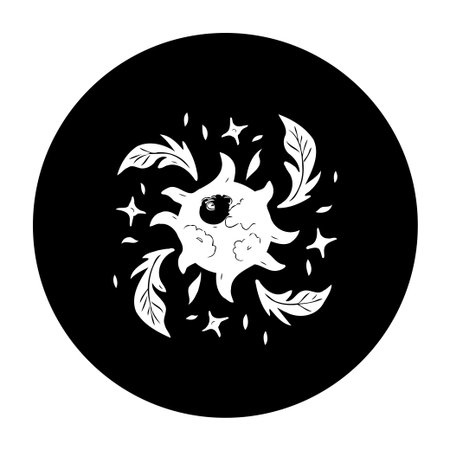 This is a celestial illustration with an eye gazing, stars and leaves in black and white. It is magical and spiritual, perfect for esoteric and cosmic designs.のイラスト素材