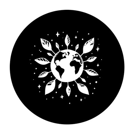 A black and white illustration shows a stylized earth surrounded by leaves and stars. This depicts the importance of environmental protection and sustainability.のイラスト素材