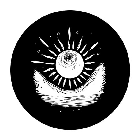 This mystical artwork depicts a radiant sun shining over gentle waves, creating a sense of tranquility and serenity. The black and white vector illustration brings a cosmic vibe.のイラスト素材