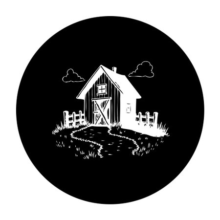 A rustic barn illustration against a black background evokes a sense of rural charm and tranquil scenery. The simple yet striking design showcases a peaceful countryside scene.のイラスト素材