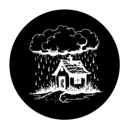 Monochrome illustration of a small house under a heavy rain cloud, evoking feelings of melancholy and isolation. The stark contrast emphasizes the somber atmosphere, creating a visual representation of sadness and loneliness.のイラスト素材