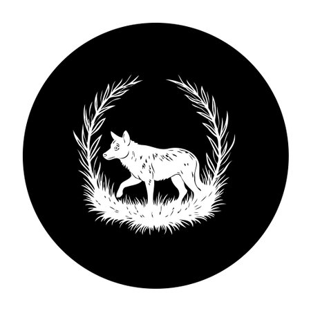 A white wolf illustration is set against a black circular background, surrounded by delicate grass and plant details, creating an elegant and eye-catching design.のイラスト素材