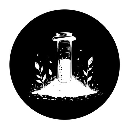 An illustration of a potion or test tube surrounded by plants, set against a dark circular background perfect for fantasy themes and magical artwork.のイラスト素材