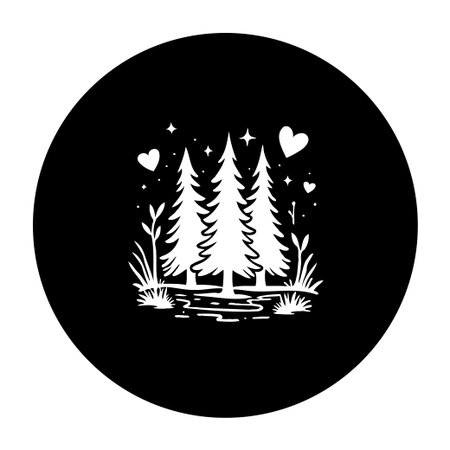 A captivating monochrome illustration featuring a forest with pine trees, stars, and hearts, creating a serene and stylish landscape design.のイラスト素材