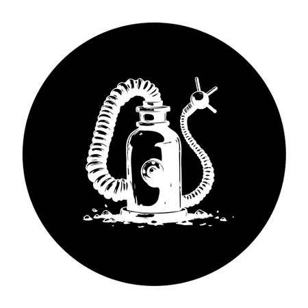 A monochromatic illustration features a steampunk-inspired device with intricate pipes and gears. The design evokes a sense of retro-futurism and imaginative technology.のイラスト素材