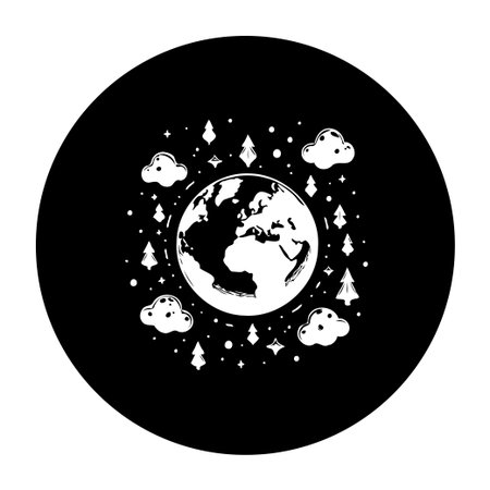 A simple monochrome illustration featuring the Earth globe encircled by snow-covered trees, fluffy clouds, and twinkling stars. Evokes a sense of winter, nature, and the environment.のイラスト素材
