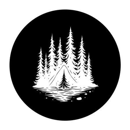 A black and white illustration featuring a camping tent surrounded by pine trees, with a reflection visible in the water, capturing a sense of outdoor adventure.のイラスト素材