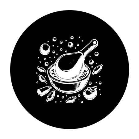 A simple yet elegant black and white illustration showing a bowl of food with bubbles, suitable for menus, decoration, or designs related to cooking and nutrition.のイラスト素材