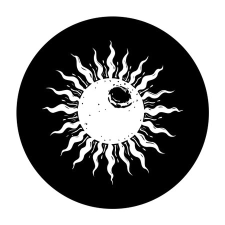 A stylized black and white illustration presents a sun-like celestial body in a circular frame, creating a mystical abstract design.のイラスト素材