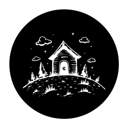 A charming black and white illustration portrays a house nestled on a hill at night, beneath a sky dotted with stars and whimsical clouds.のイラスト素材