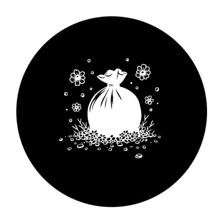 This minimalist black and white illustration features a tied bag surrounded by flowers and pebbles. It evokes a serene and decorative atmosphere with its clean lines and simple design.のイラスト素材
